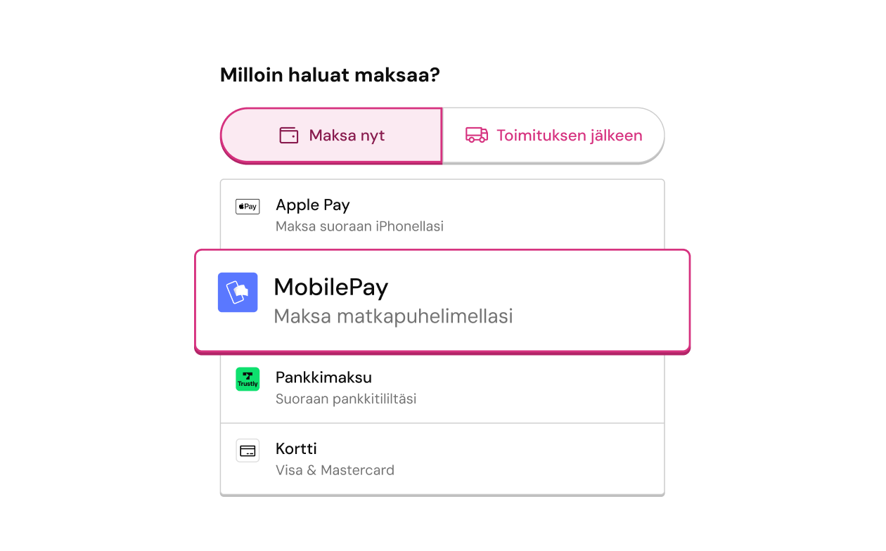 Kuvitus kassavaiheesta, jossa maksutavaksi valittu MobilePay – muut vaihtoehdot: Apple Pay, pankkimaksu ja kortti