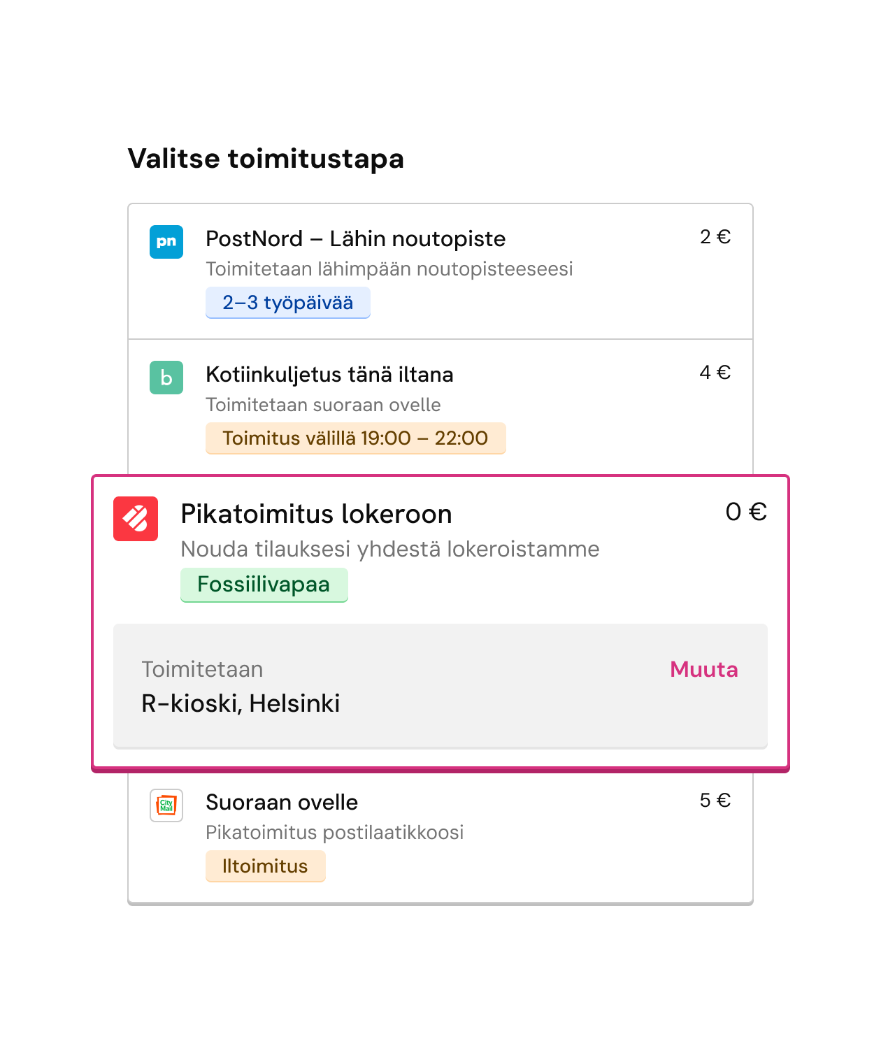 Kassavaiheen käyttöliittymä toimitustavan valintaan