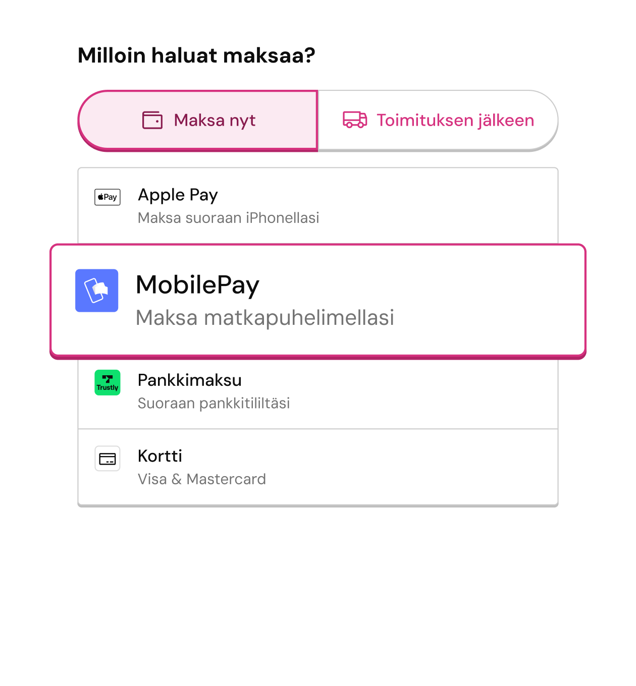 Kuvitus kassavaiheesta, jossa maksutavaksi valittu MobilePay – muut vaihtoehdot: Apple Pay, pankkimaksu ja kortti