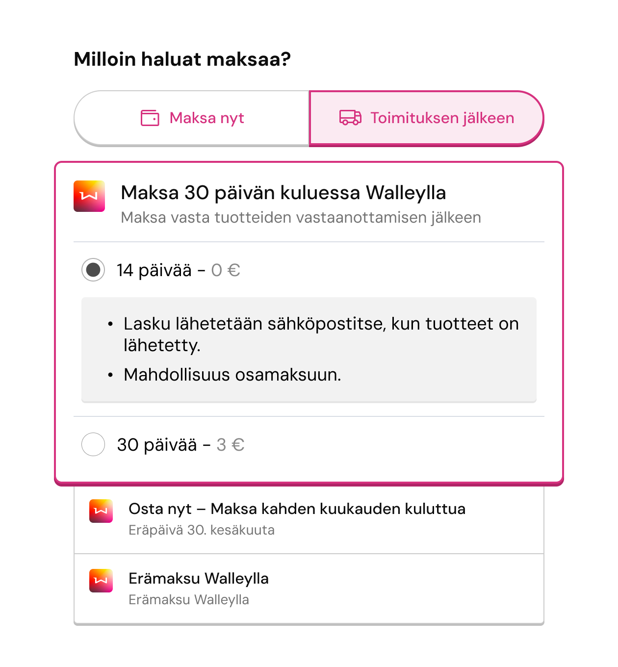Kuvitus maksamisesta toimituksen jälkeen: lasku, osamaksu ja maksun siirto
