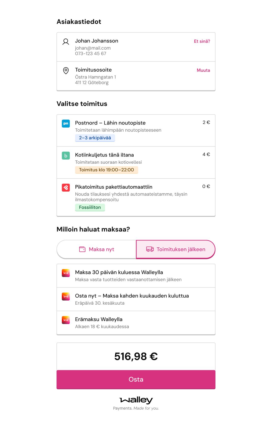 Kuvitus digitaalisesta kassaprosessista, jossa valitaan toimitustapa, maksuaika ja maksutapa